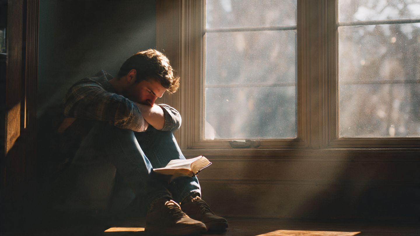 Woman journaling and praying quietly during morning devotion.