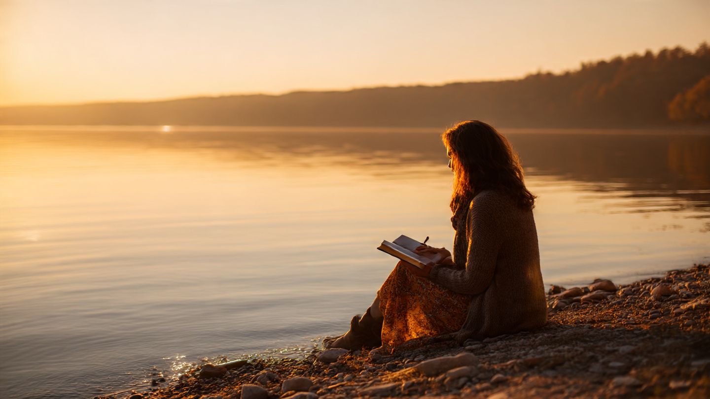 Woman journaling by the lake at sunrise, symbolizing healing and self-discovery through life coaching.