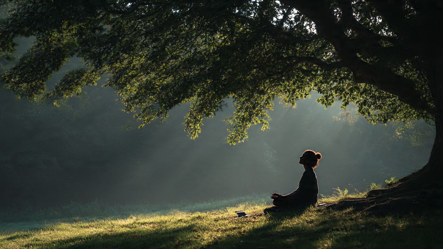 Person resting beneath a tree at dawn, symbolising spiritual exhaustion and listening to God’s whisper