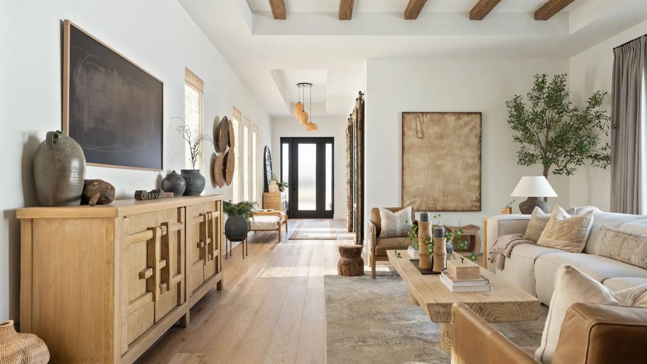 Organic Modern Rustic Coastal Living Room and Materials.