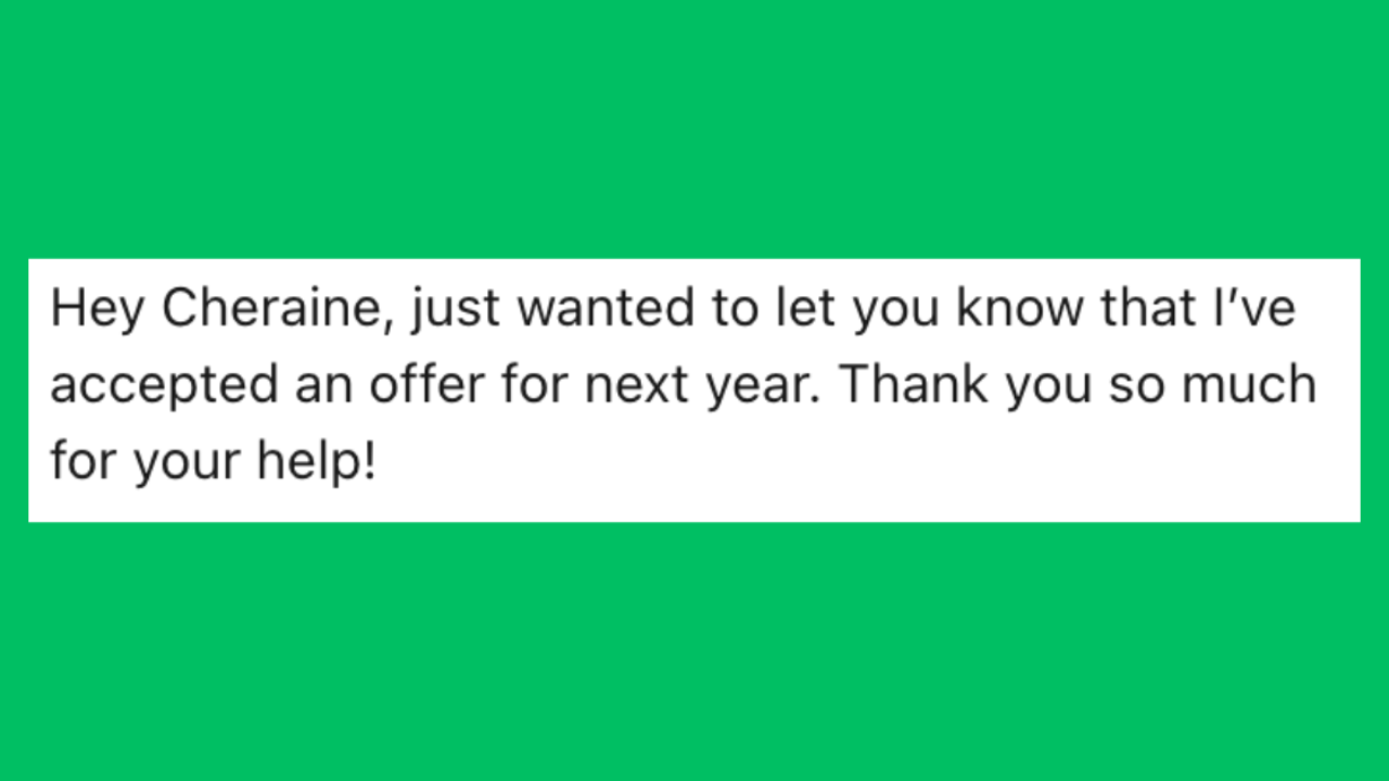 Testimonial from a client thanking Cheraine for her help in landing a job.