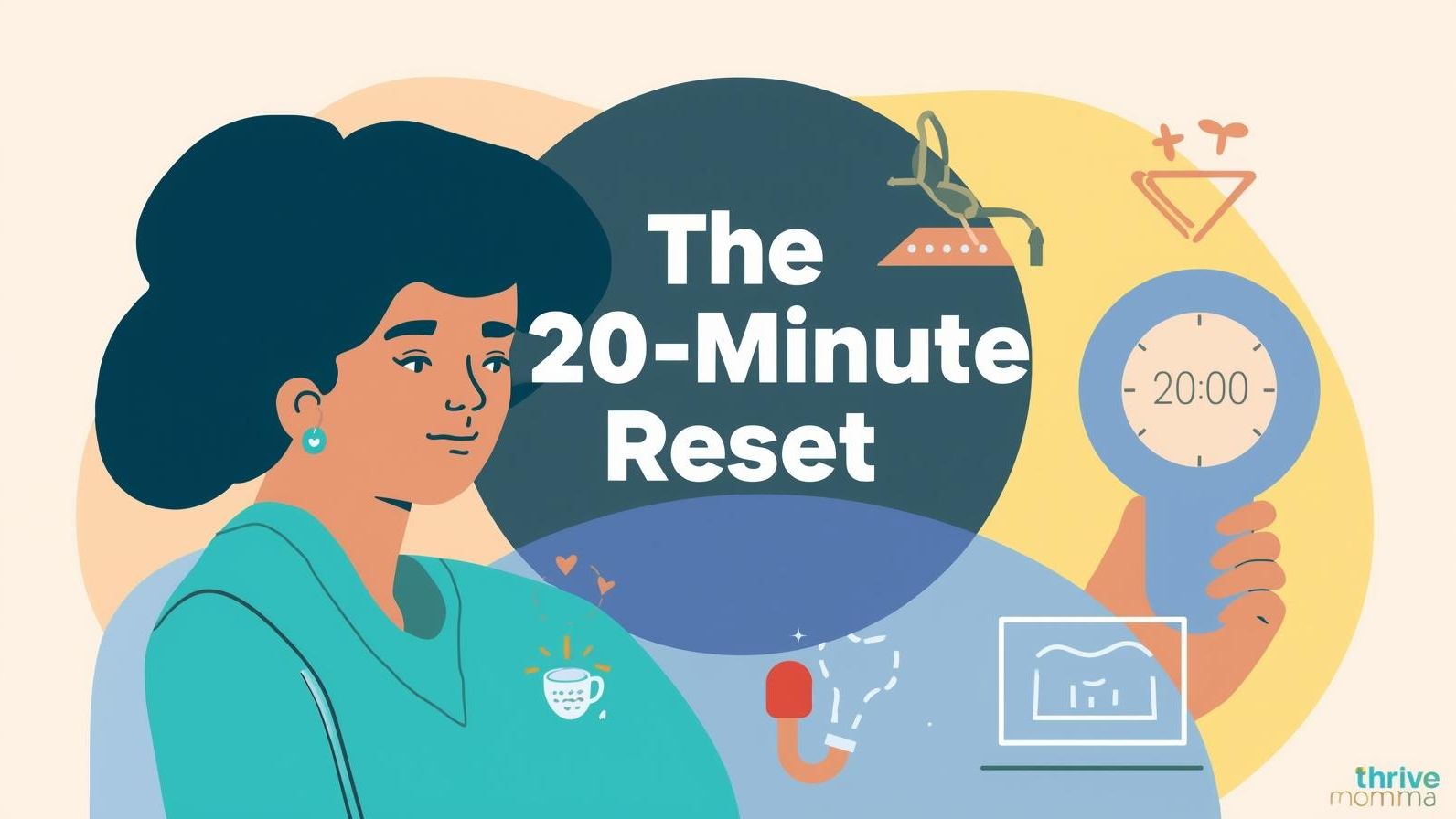 A mom looking at a simple timer or phone with “20:00” on the screen. Around her, small icons: laundry basket, laptop, heart, coffee cup.