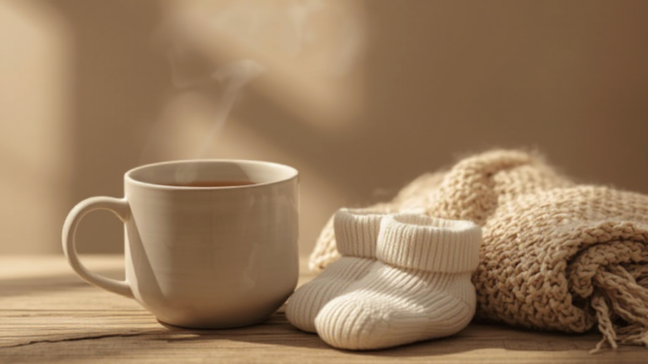 Mug of tea, baby booties and baby blanket on a table