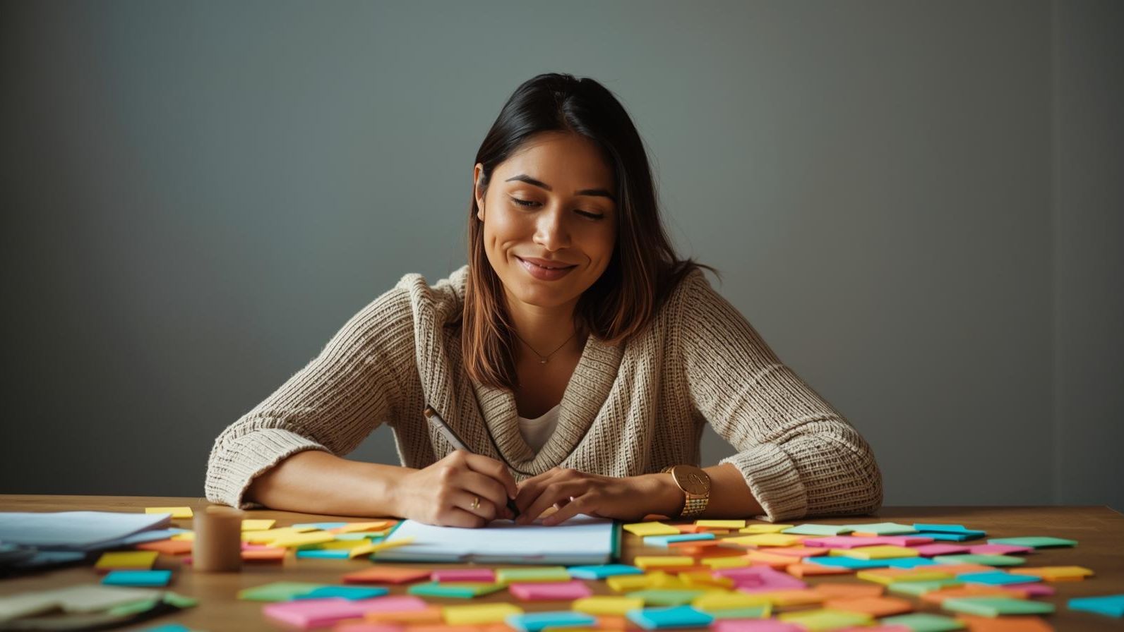 Mother at a desk with coloured sticky notes, smiling as she plans calmly
