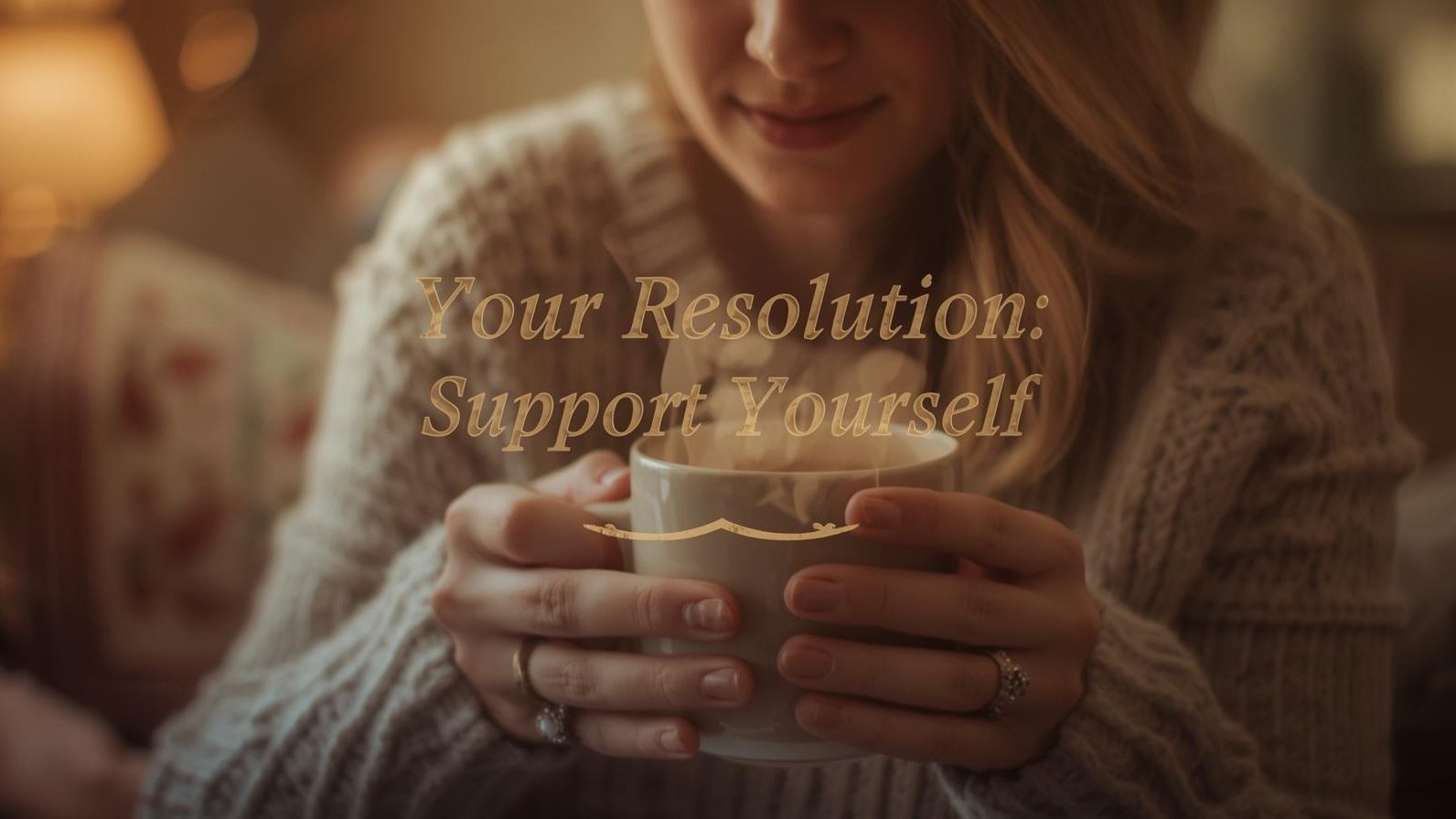 A cozy, softly lit scene of a mother holding a warm drink, with gentle signs of family life in the background and text that reads, “Your Resolution: Support Yourself.”