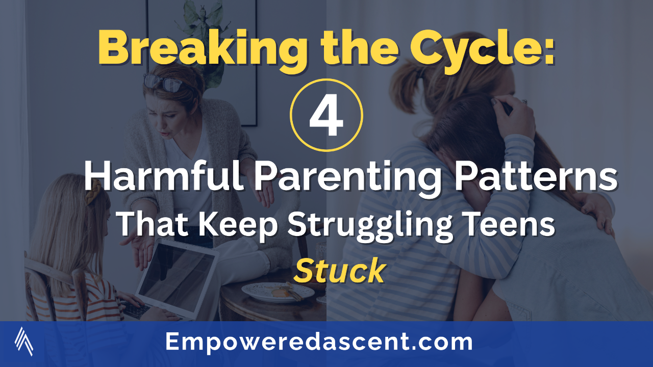 Parent overwhelmed and parent connecting with teen side by side illustrating harmful versus healthy parenting approaches