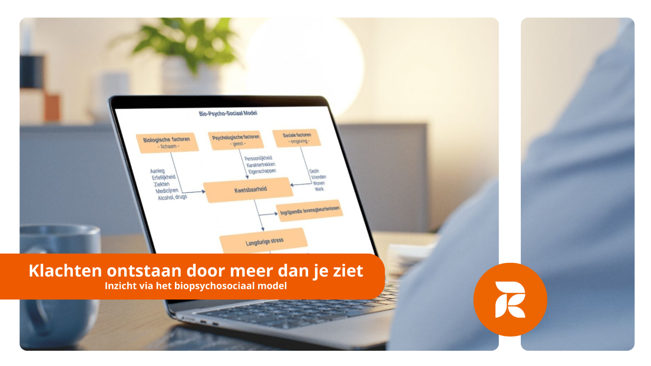 Diagram van het biopsychosociaal model met biologische, psychologische en sociale factoren die kwetsbaarheid, langdurige stress en lichamelijke of psychische klachten beïnvloeden.