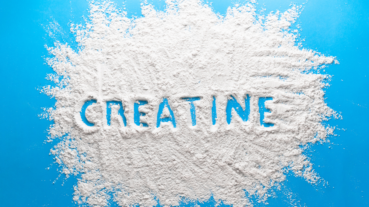 creatine written in creatine powder with a blue background