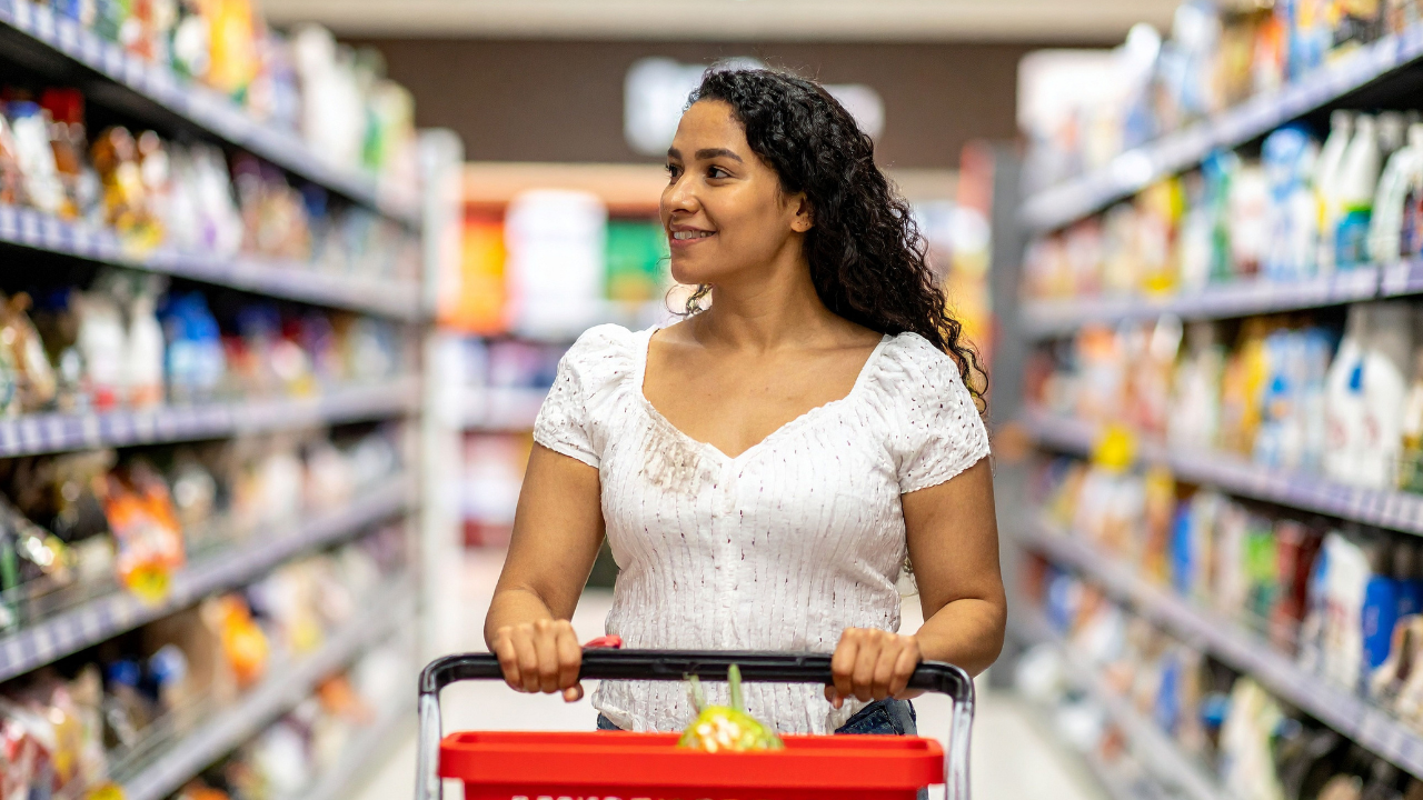 a woman pushing a shopping cart through a grocery store aisle filled with packaged foods