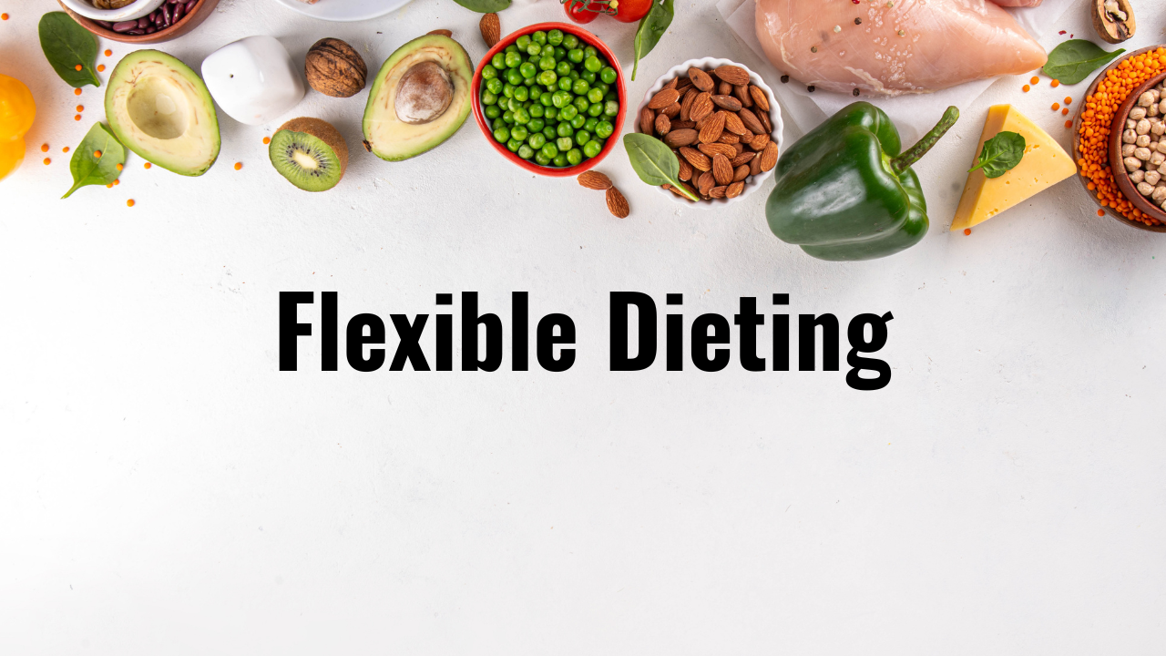 a variety of healthy foods lining the top of the page with a white background and the words "flexible dieting" in the middle in all black