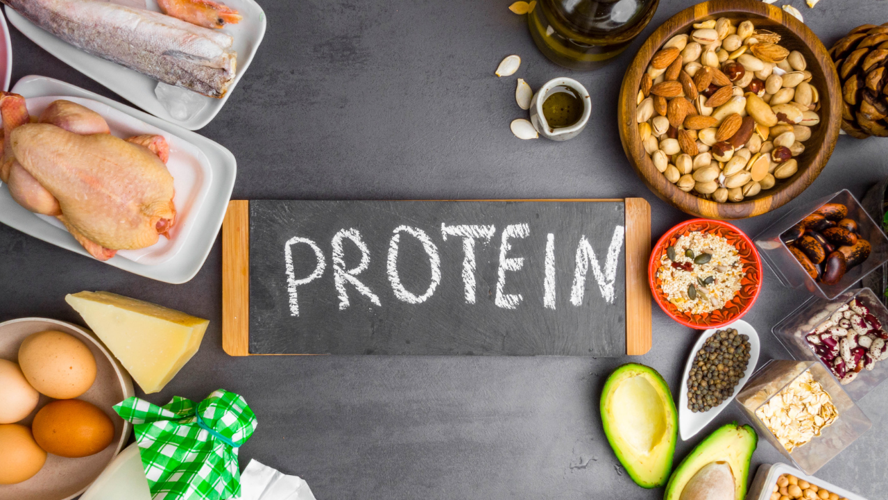 The word protein surrounded by quality sources of protein such as chicken, fish, eggs, and legumes
