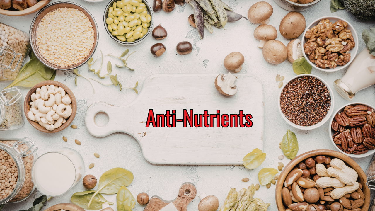 the word anti-nutrients written in red on top of a cutting board surrounded by a plethora of plant-based foods