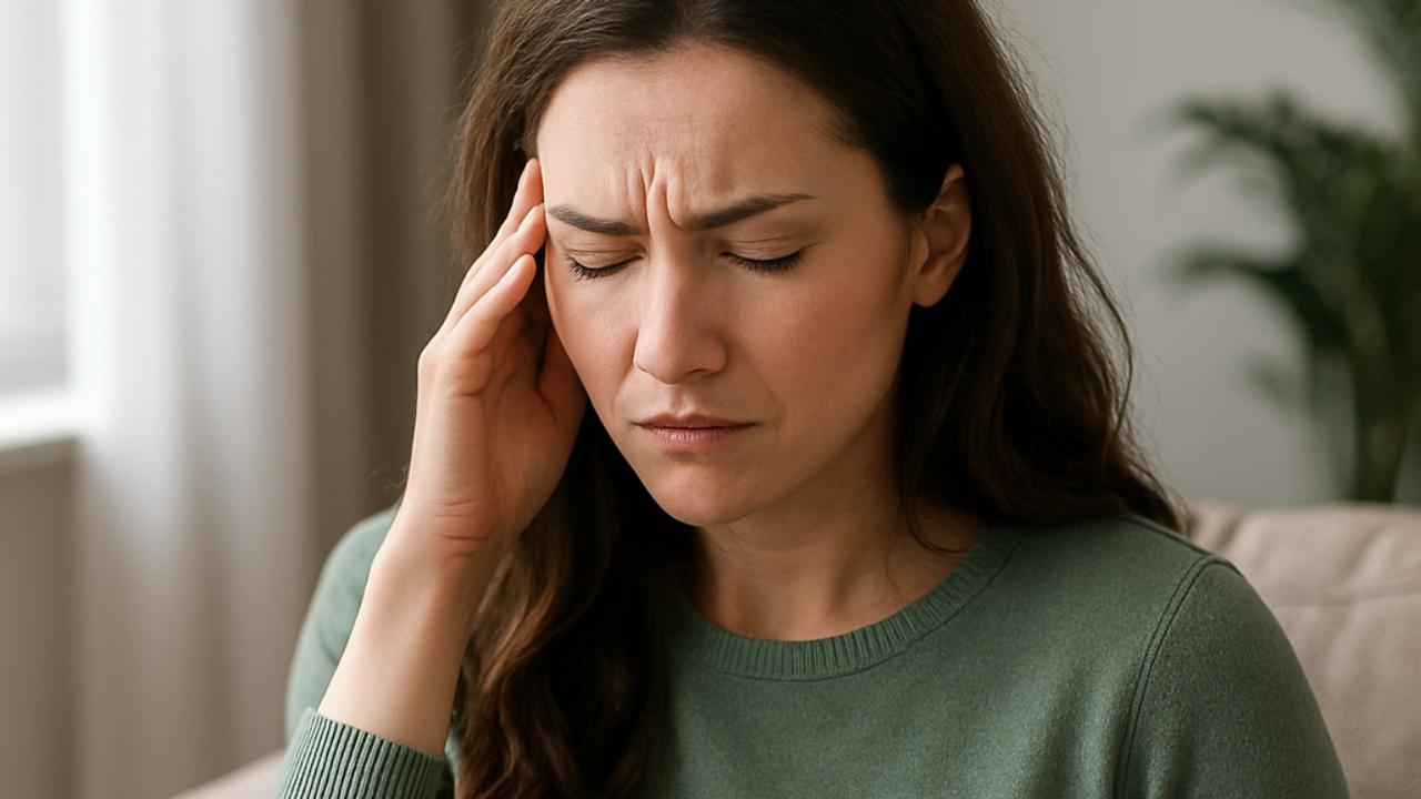Woman experiencing stress-related stomach pain and anxiety, representing IBS and gut reactivity.