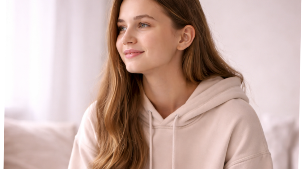 Teen sitting on bed using phone, showing calm expression while experiencing hidden anxiety symptoms