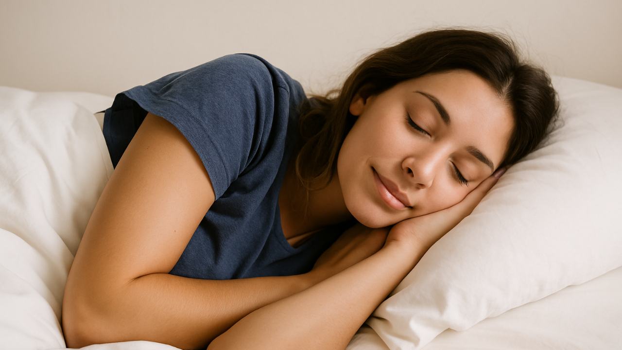 Woman sleeping peacefully after calming a busy mind and reducing overthinking