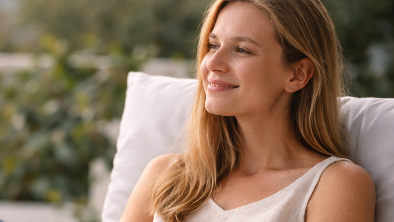 Woman sitting outdoors looking relaxed while travelling, reflecting a sense of calm away from home