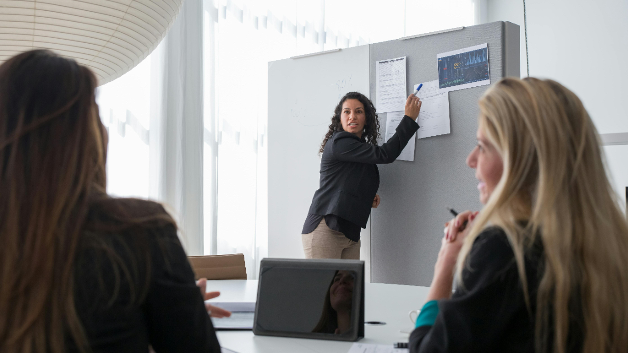 Businesswoman presenting to colleagues in a meeting room, representing leadership and board roles