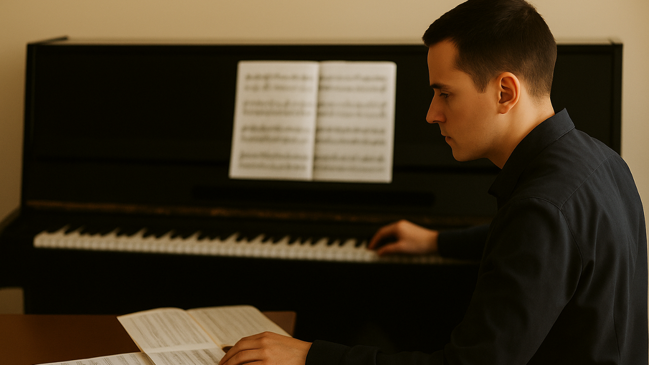 Dirigent übt am Klavier – Musiktheorie und Gehörbildung in der Chorleitung