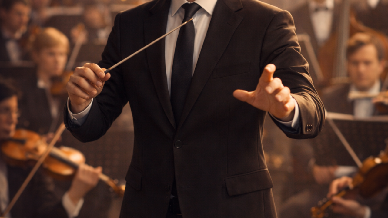 Dirigent leitet Chorprobe mit klarer Haltung und Autorität