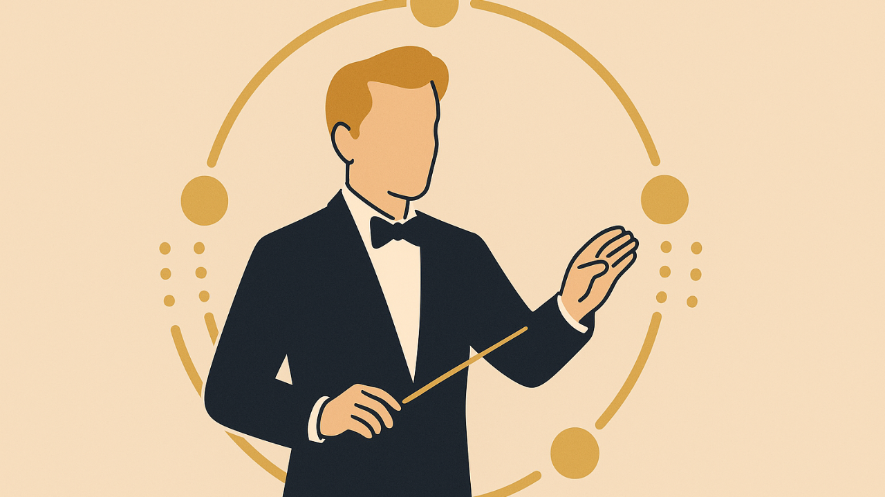 Dirigent studiert Partitur für ternäre Taktarten am Tisch“