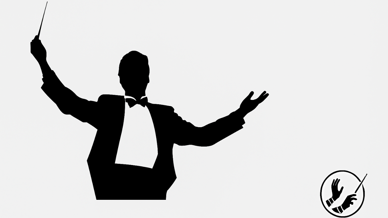 Silhouette eines Dirigenten mit erhobenem Taktstock in Schwarz-Weiß, minimalistisches Design mit Dirigierakademie-Logo unten rechts