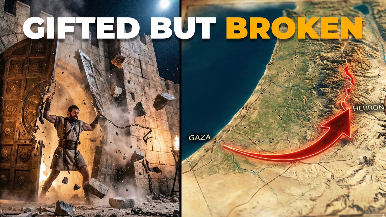 A split-screen YouTube thumbnail featuring a dramatic ancient warrior pulling down massive city gates on the left, and a topographical map showing a red path from Gaza to Hebron on the right, with bold text overlaying both sides that reads "GIFTED BUT BROKEN".