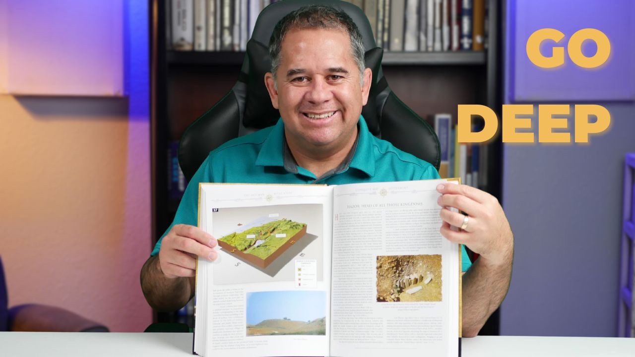 Dr. Mario Escobedo, "Your Bible Study Mentor," smiling and holding open a high-resolution Bible Atlas showing 3D topographical maps. The text "GO DEEEP" appears in bold yellow letters in the corner.