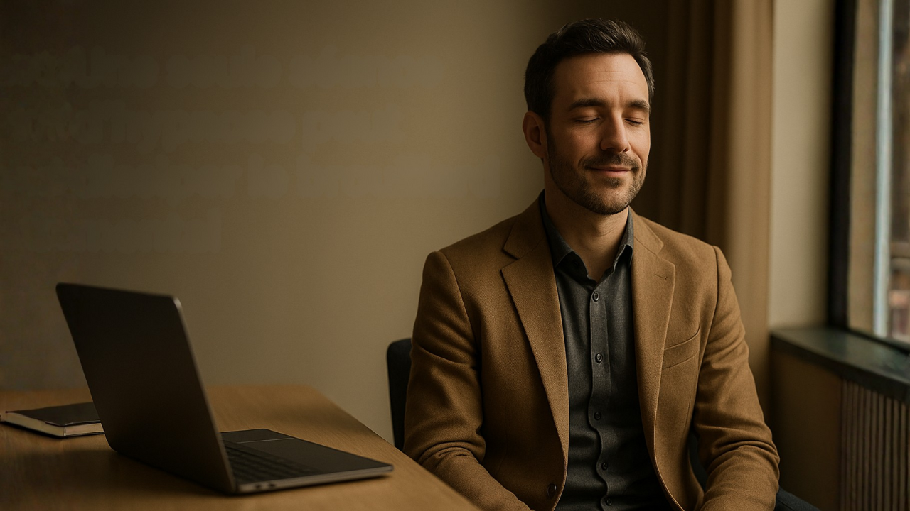 Homme d’affaires apaisé après une séance d’hypnose, regard clair et serein, lumière douce de bureau, symbole de clarté mentale retrouvée.