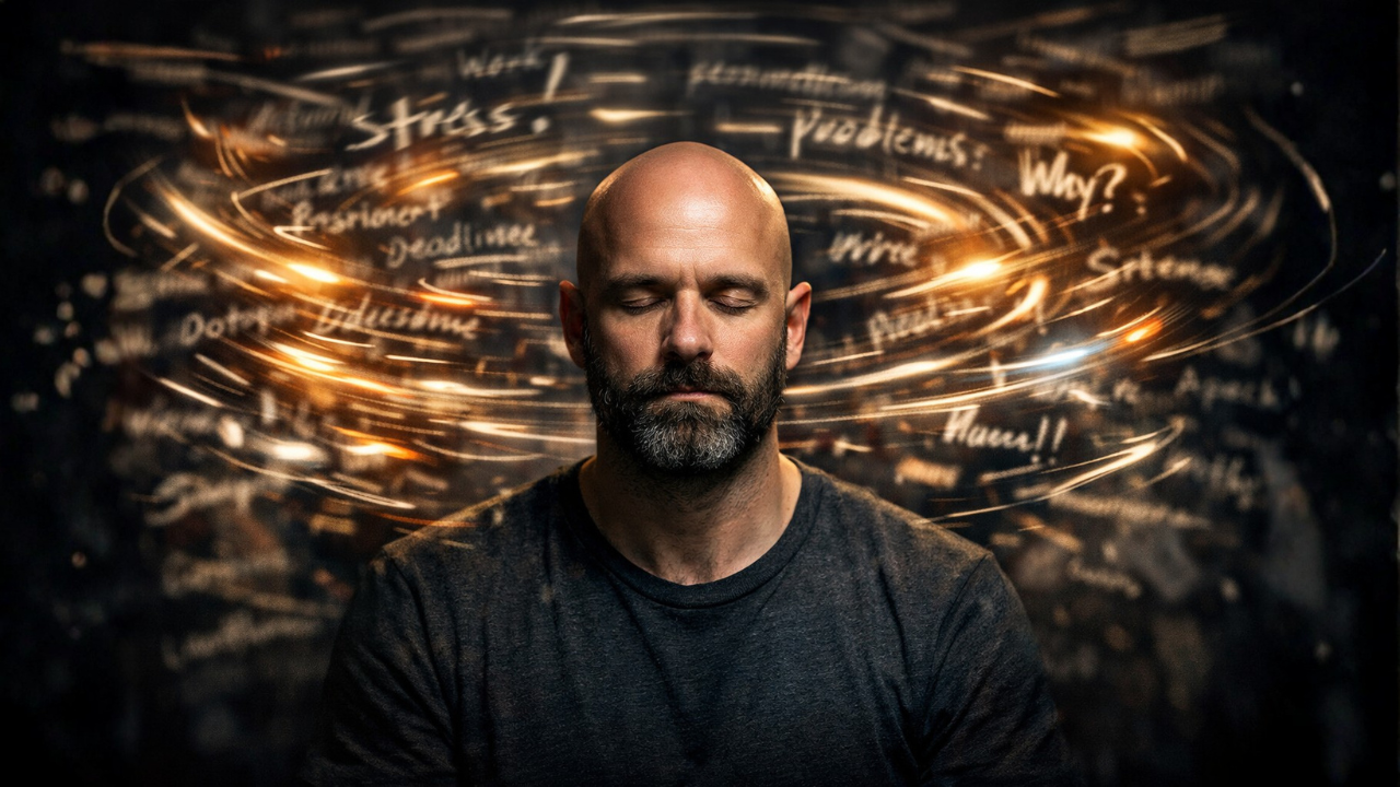 calm man surrounded by mental chaos representing inner clarity and decision making