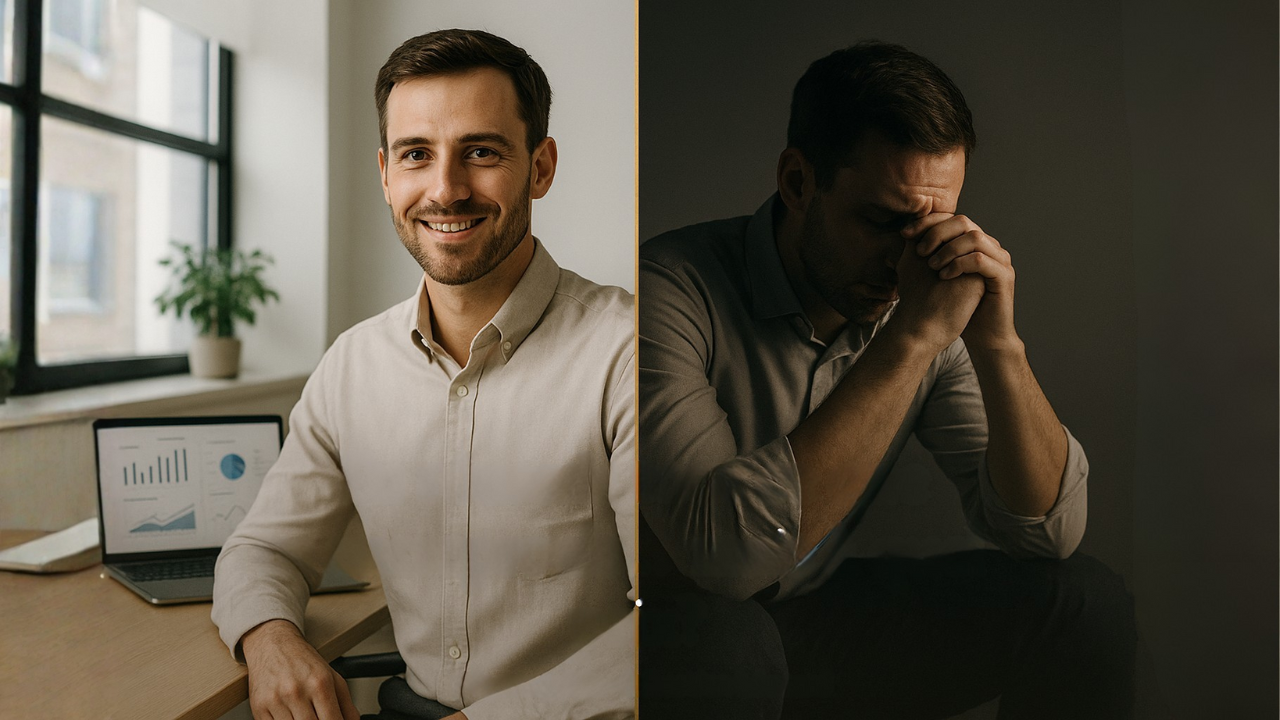 Image d’un entrepreneur performant mais épuisé mentalement, symbole de la dépression fonctionnelle.