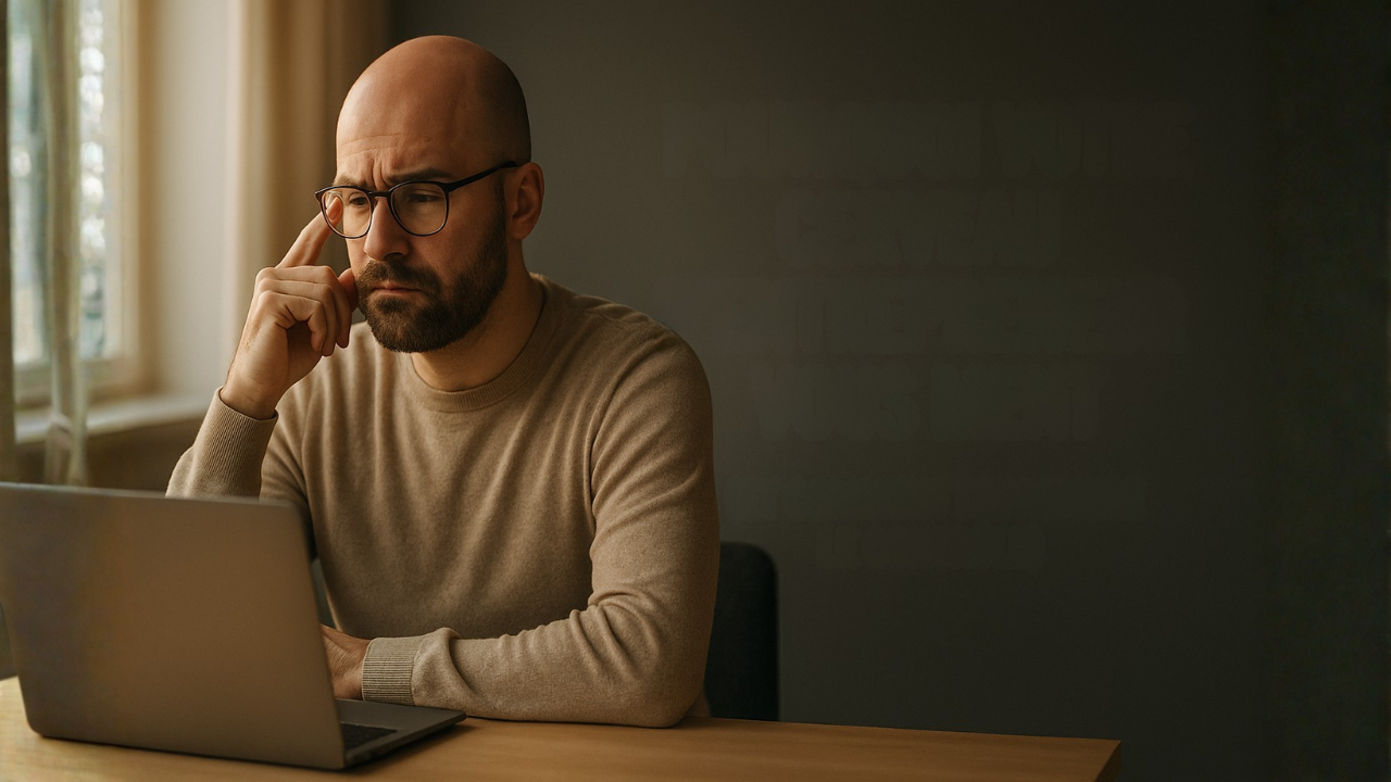 Entrepreneur pensif devant son ordinateur, lumière douce, symbolisant la surcharge mentale et la recherche d’équilibre.