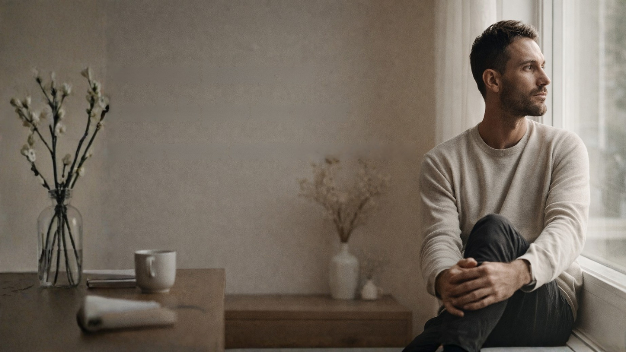 Entrepreneur en pause mentale dans un espace calme et lumineux, illustrant la surcharge cognitive en janvier