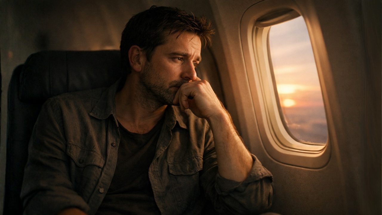 Person sitting by an airplane window at sunset feeling mentally exhausted and tense
