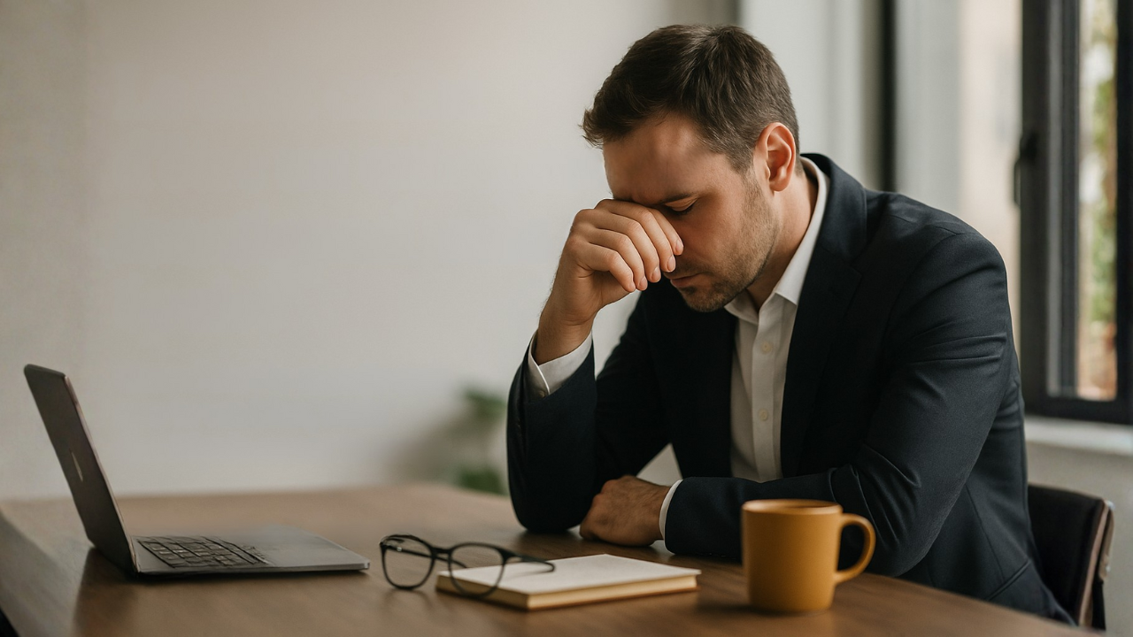 Entrepreneur stressé en mode survie retrouvant sérénité grâce à l’hypnothérapie