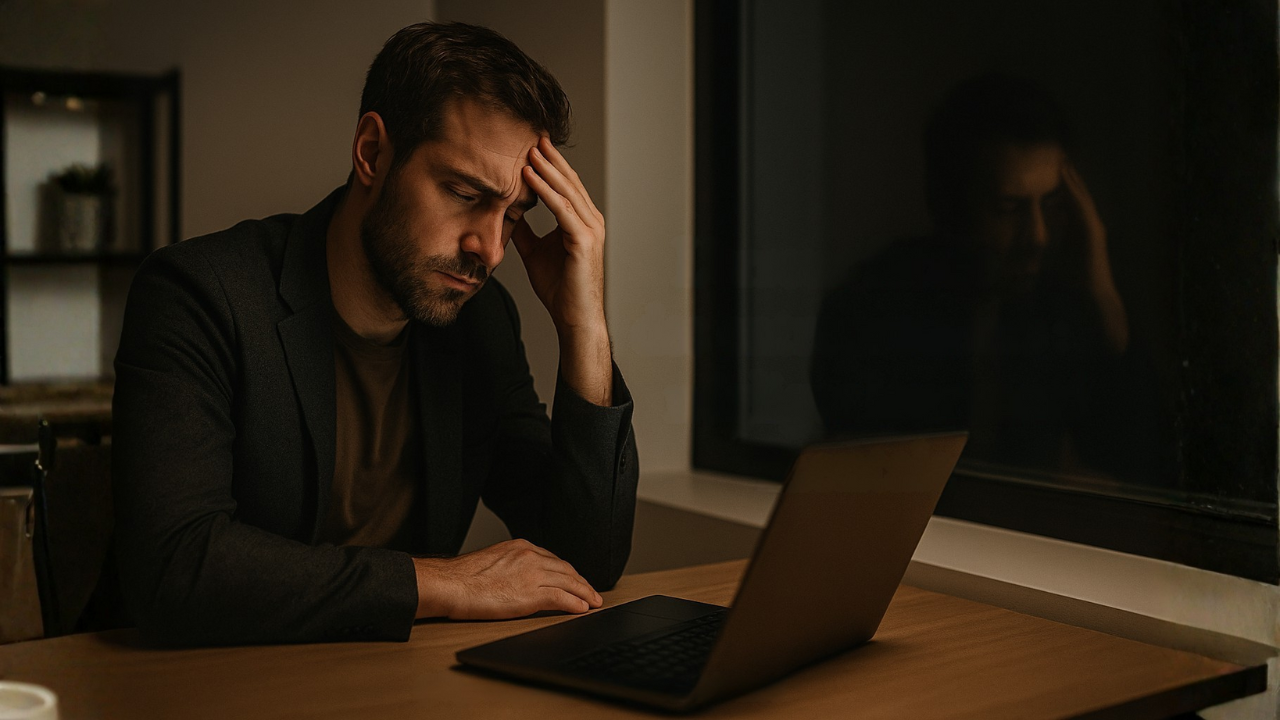 Entrepreneur fatigué devant son ordinateur, symbole du stress mental et du besoin de reset intérieur par l’hypnothérapie
