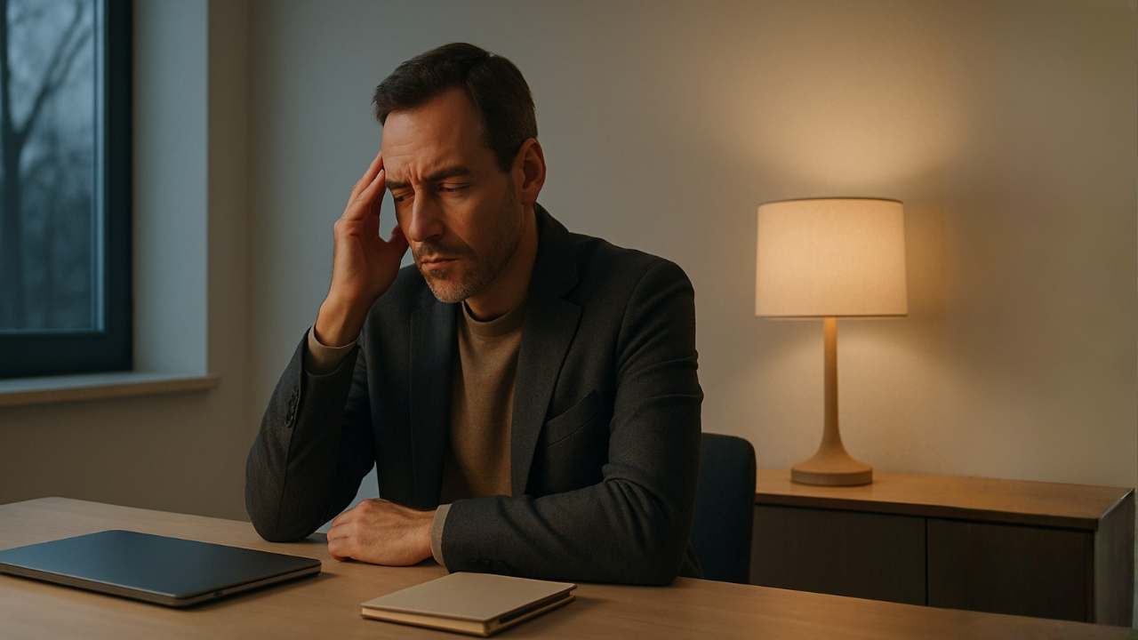 Entrepreneur assis dans un espace de travail calme, ressentant une surcharge mentale et une tension intérieure en fin d’année