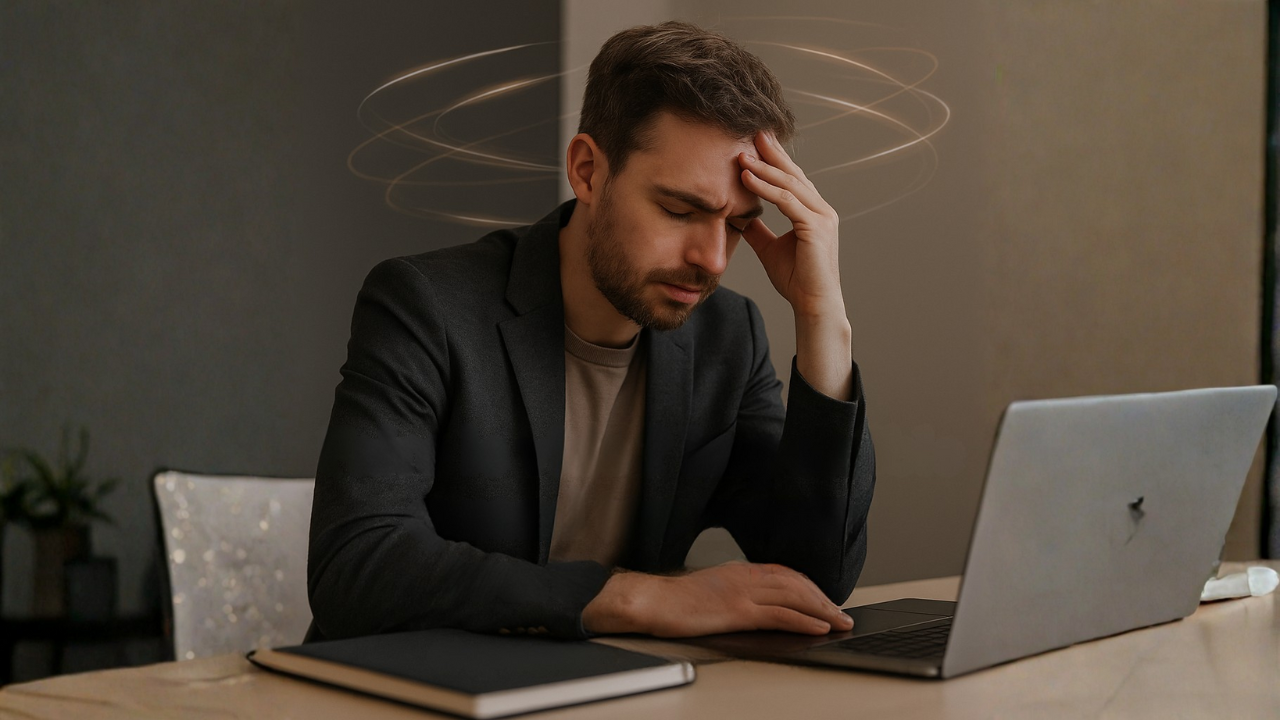 Entrepreneur stressé tentant de méditer, entouré de pensées tourbillonnantes, illustrant la surcharge mentale et le rejet du calme intérieur.