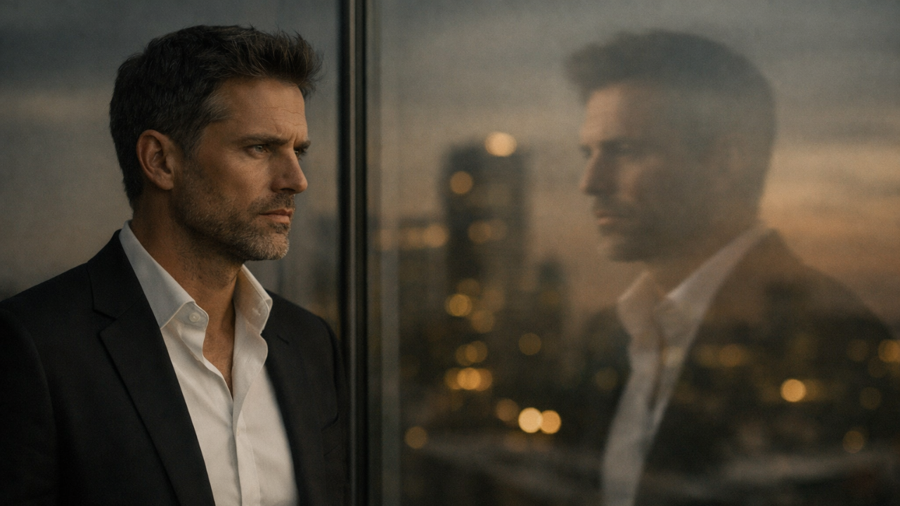 Entrepreneur performant en réflexion devant une vitre, questionnant son alignement après avoir atteint le succès