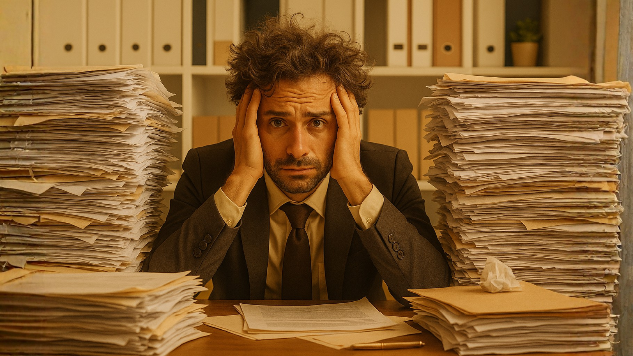 Entrepreneur assis à son bureau montrant des signes de dispersion mentale et de surcharge cognitive.