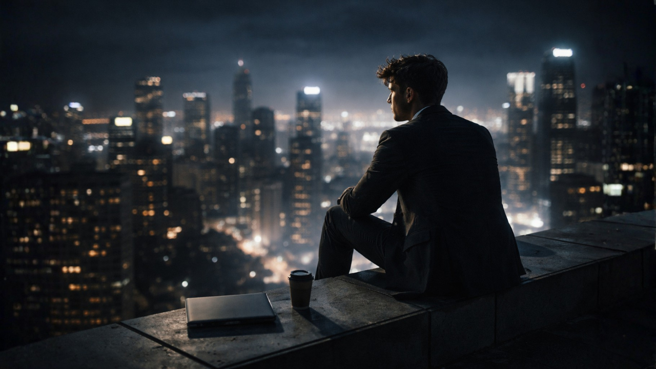 Entrepreneur standing alone on a rooftop at night reflecting on success and life direction