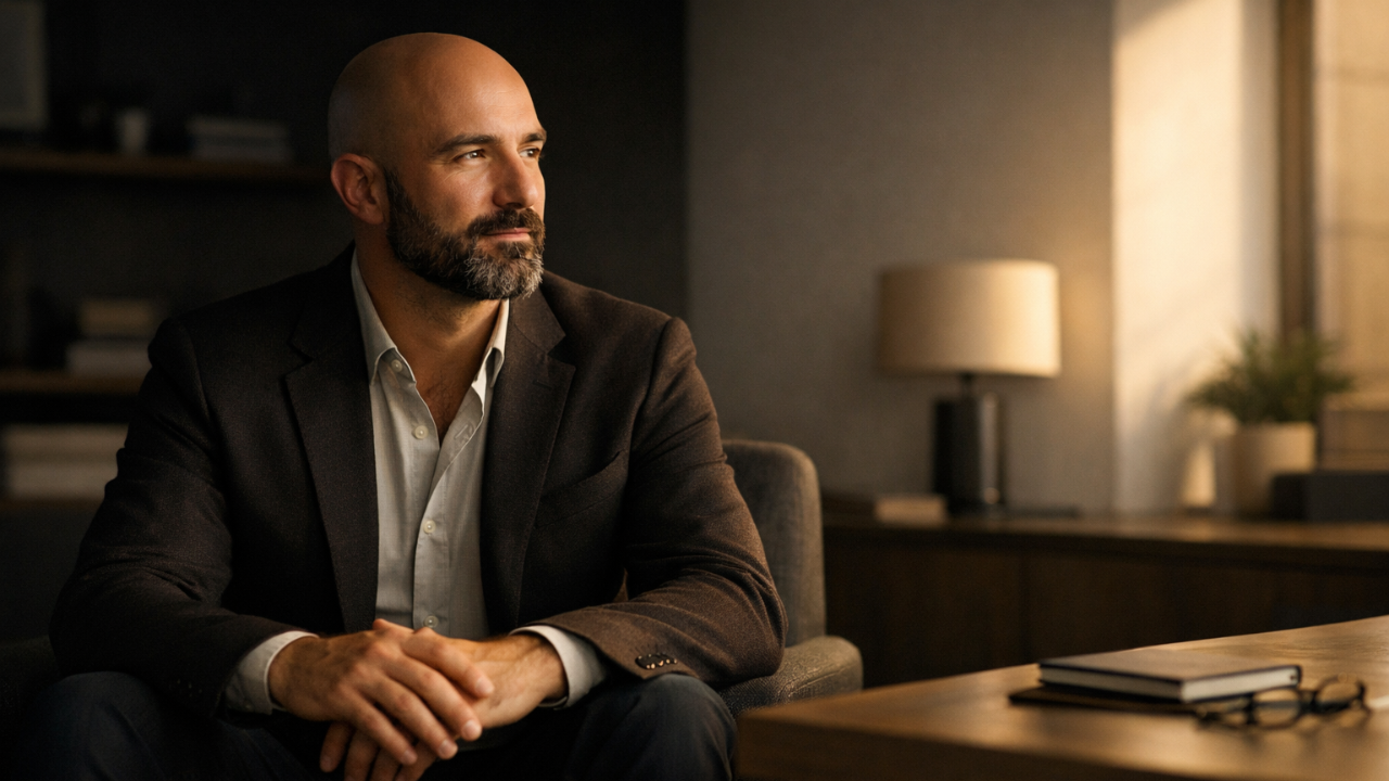 Professionnel en réflexion dans un espace calme évoquant la surcharge mentale et le retour à la clarté intérieure