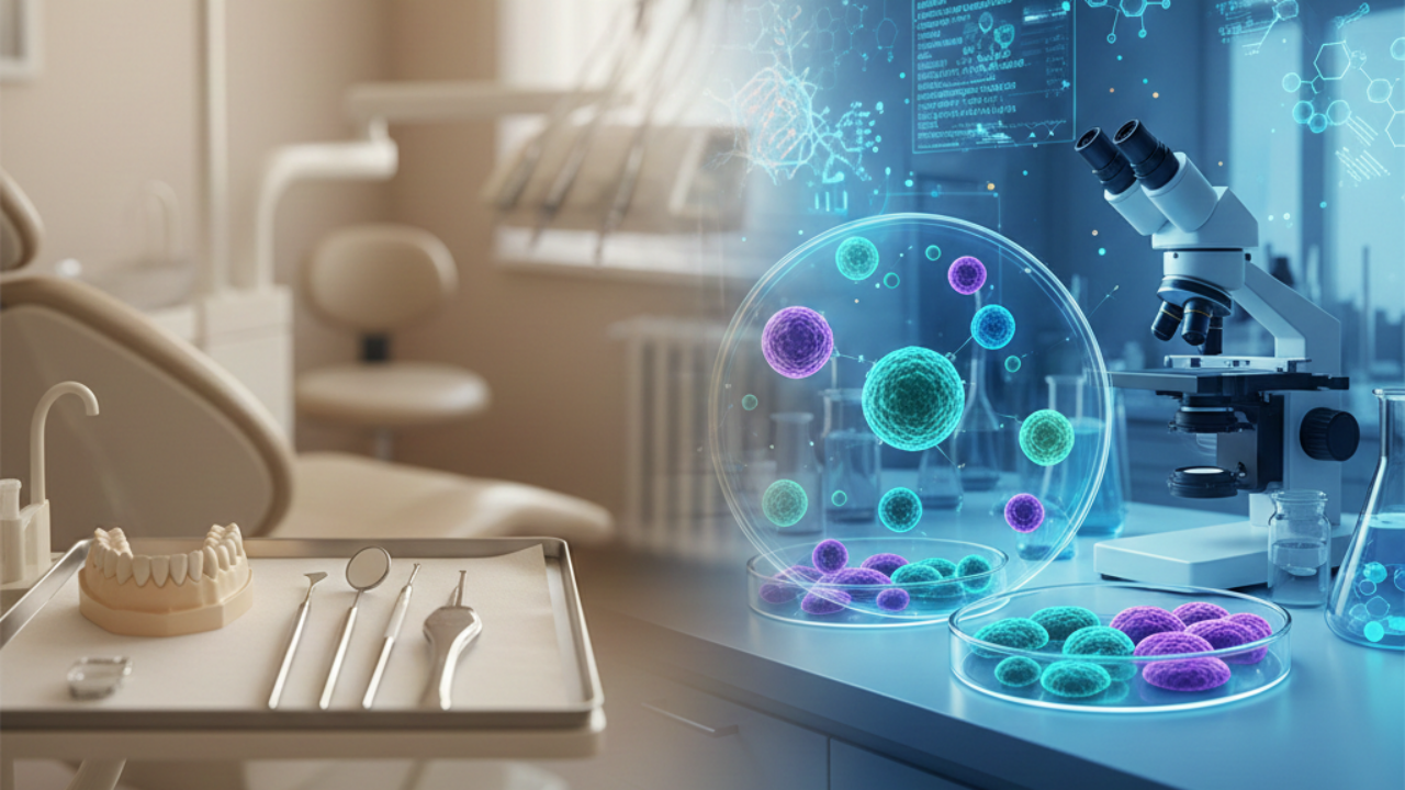 Precision dentistry visualization showing traditional dental tools transitioning to advanced oral microbiome testing with colorful bacterial cultures in laboratory setting.