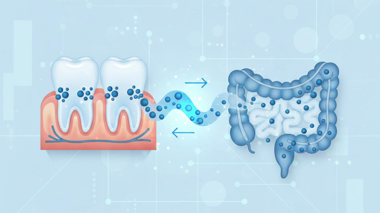 Oral bacteria and gut health connection showing bacterial flow from teeth and gums to intestinal tract.