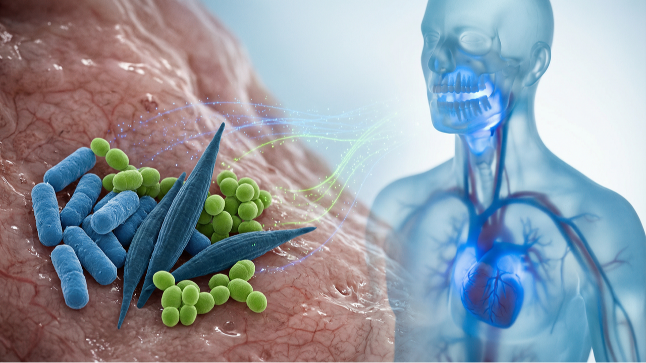 Oral bacteria and cardiovascular disease connection showing pathogenic bacteria traveling to heart.