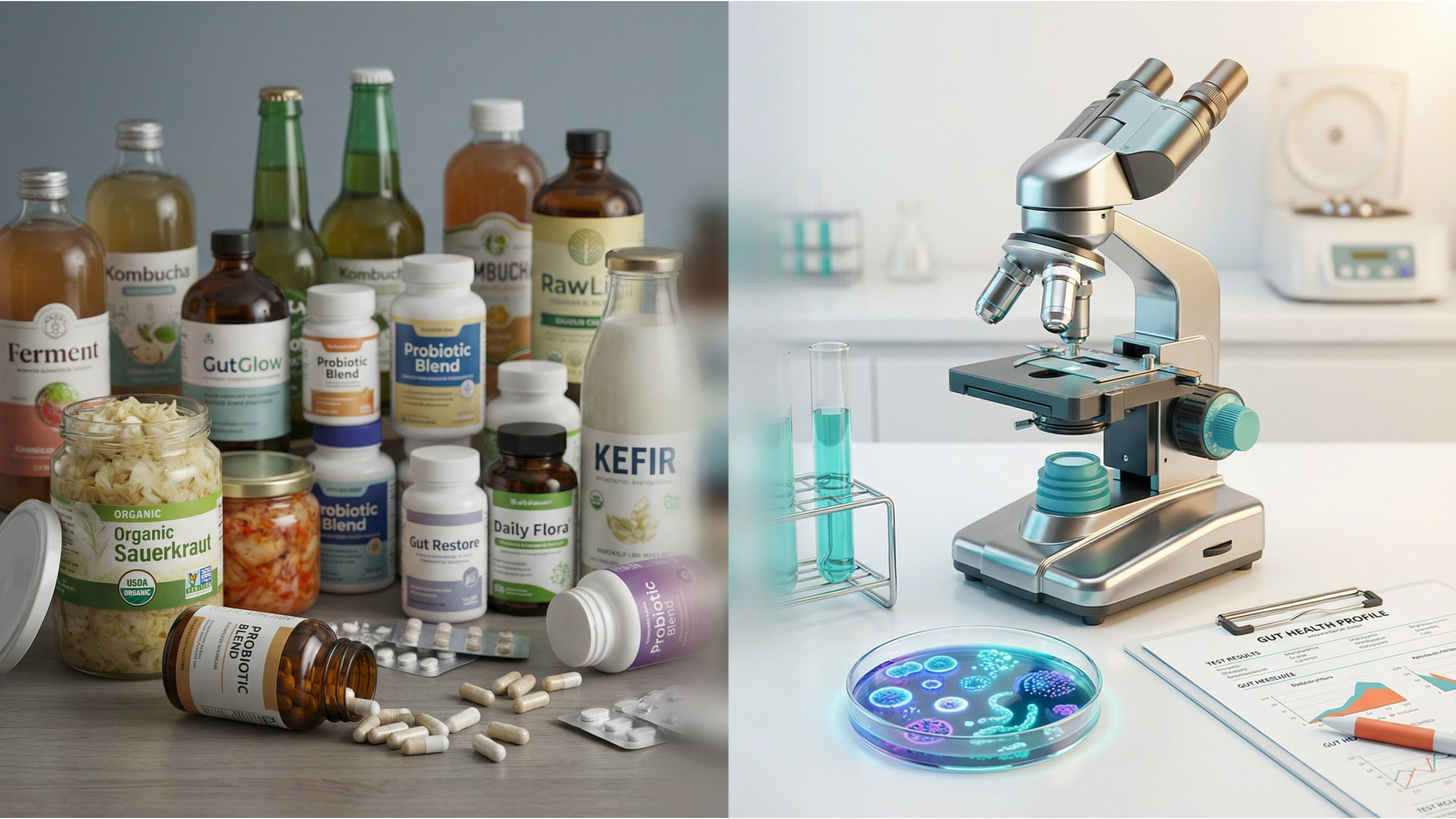 Probiotic foods for gut health compared to precision testing - fermented foods and supplements versus microscope and lab analysis.