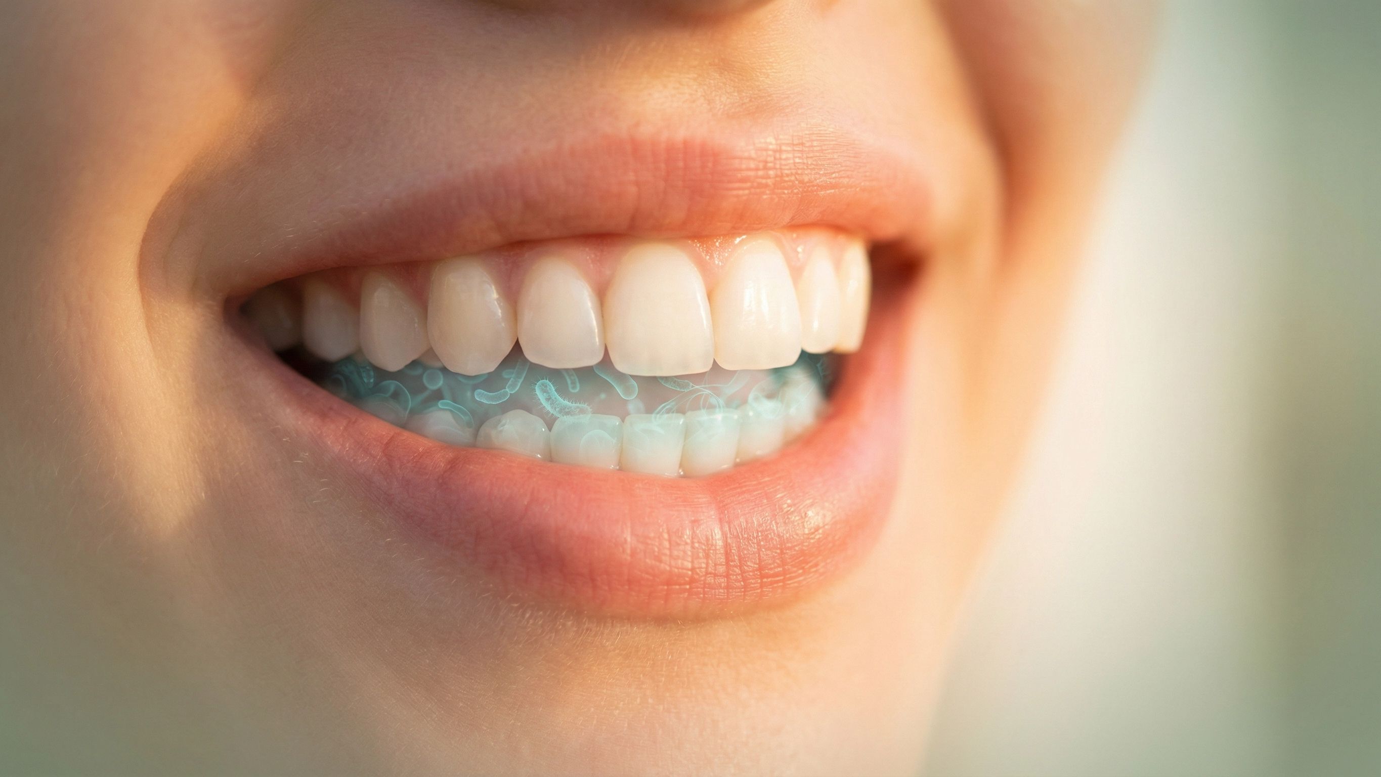 Healthy smile with glowing oral bacteria visible beneath the surface, representing oral microbiome testing and disease prevention.