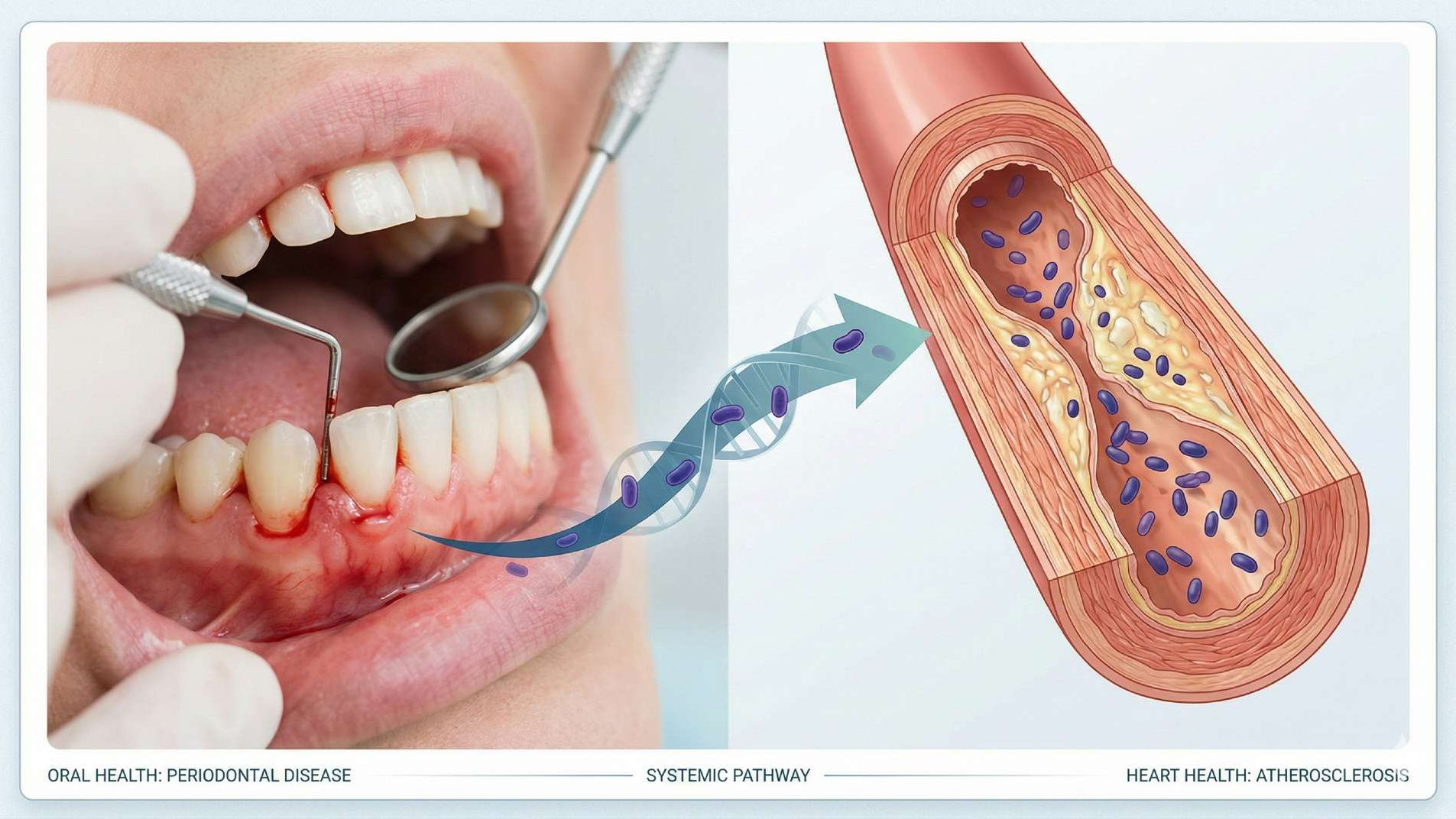 Oral health and heart disease connection showing bacteria traveling from diseased gums to arterial plaque.