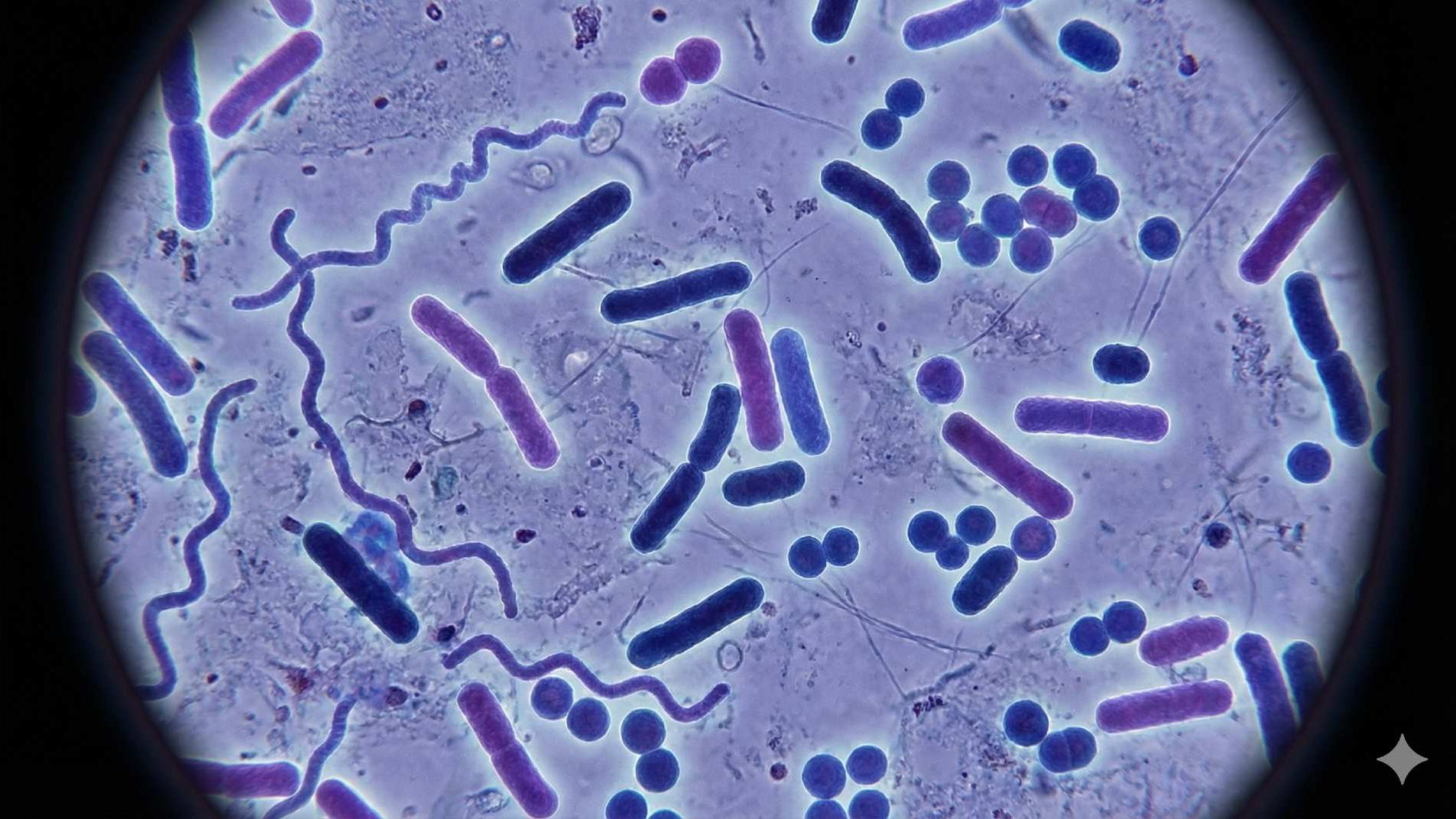 Microscopic view of oral pathogens and bacteria in various shapes including rods, spirals, and cocci on purple background.