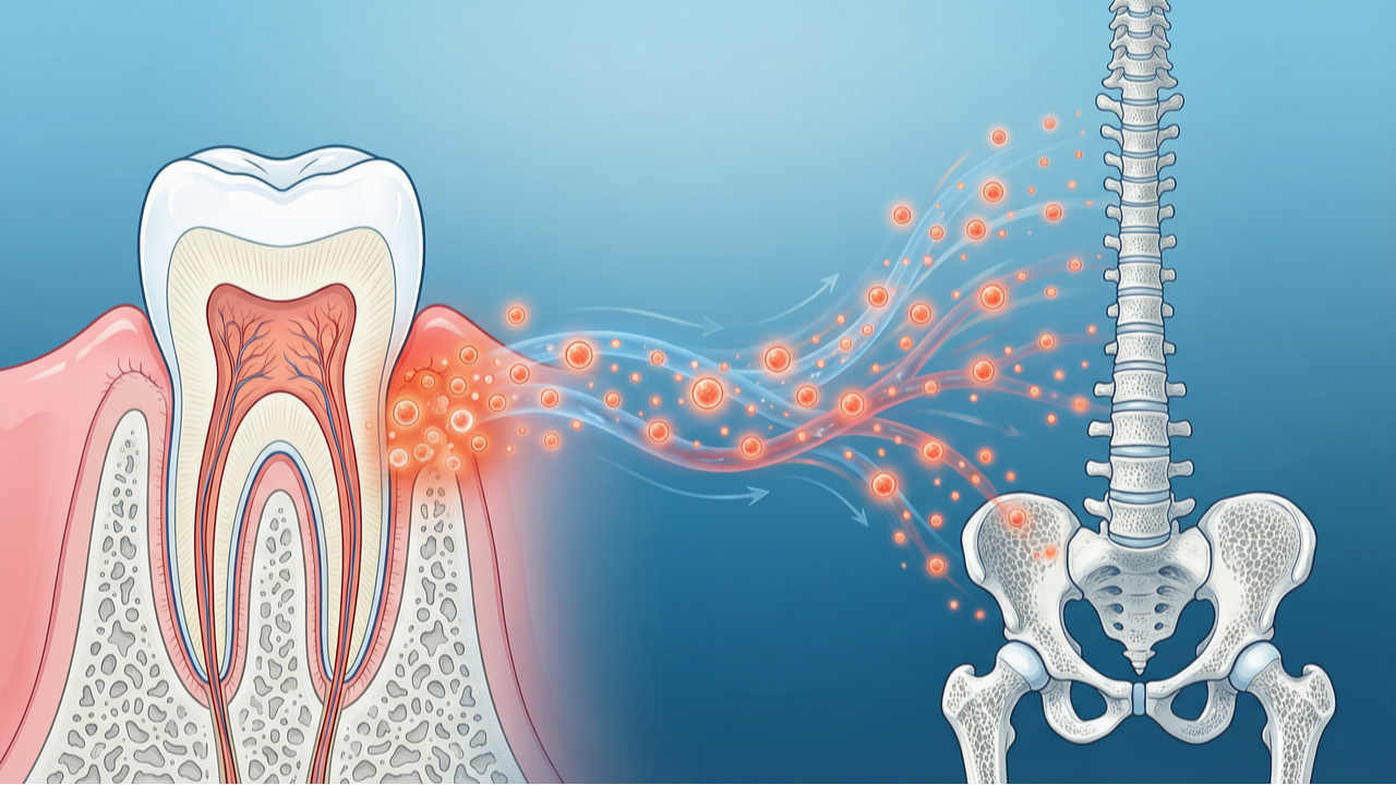 Teeth and bone health connection showing inflammatory particles flowing from tooth to spine and hip.