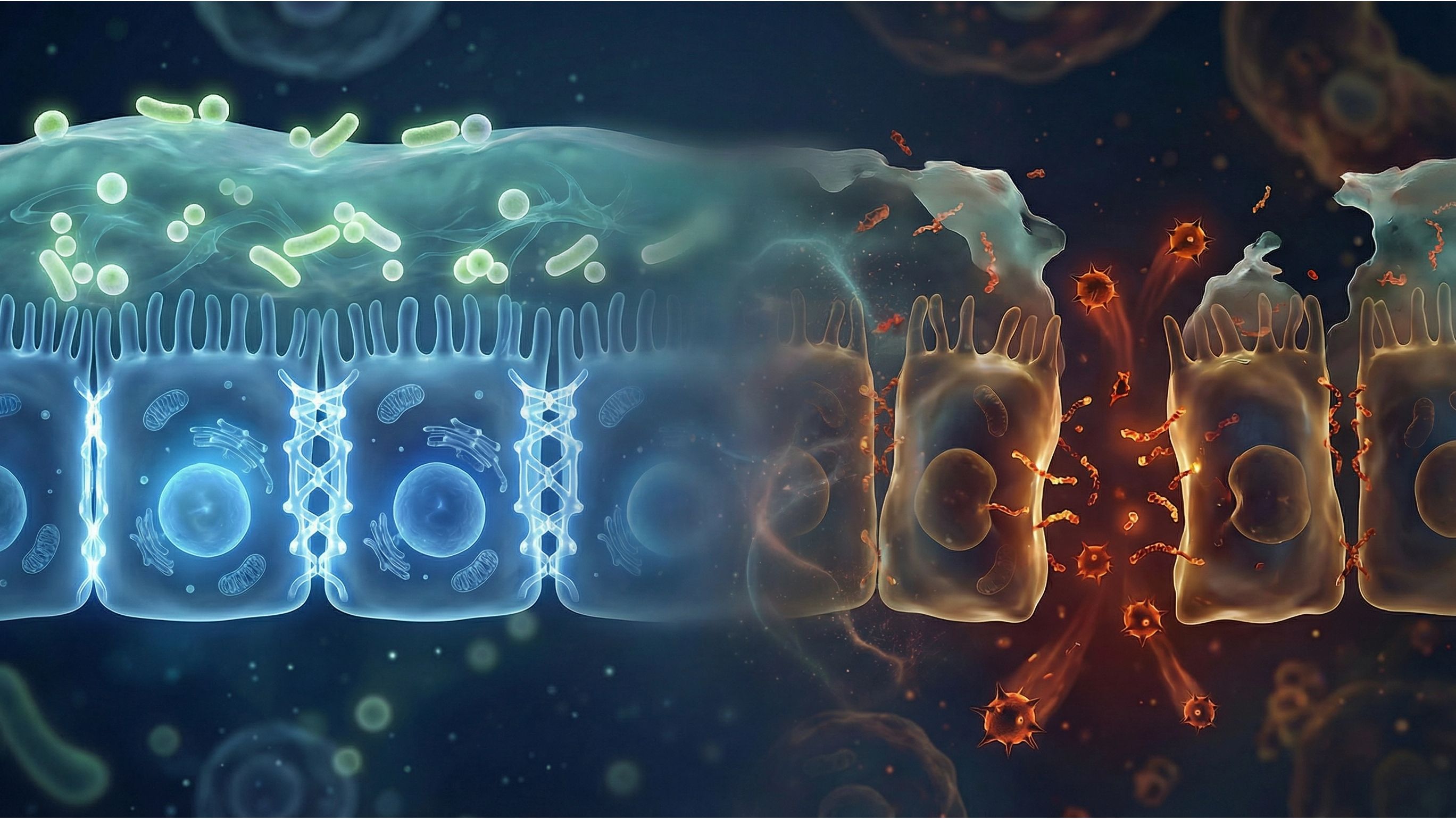 Healthy vs. compromised intestinal barrier cells — what functional gut health testing reveals about leaky gut and inflammation.